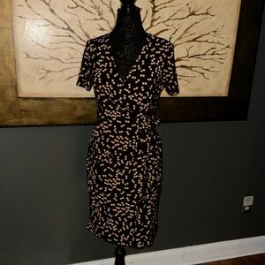 Extremely Flattering Faux Wrap Dress w gold circles.